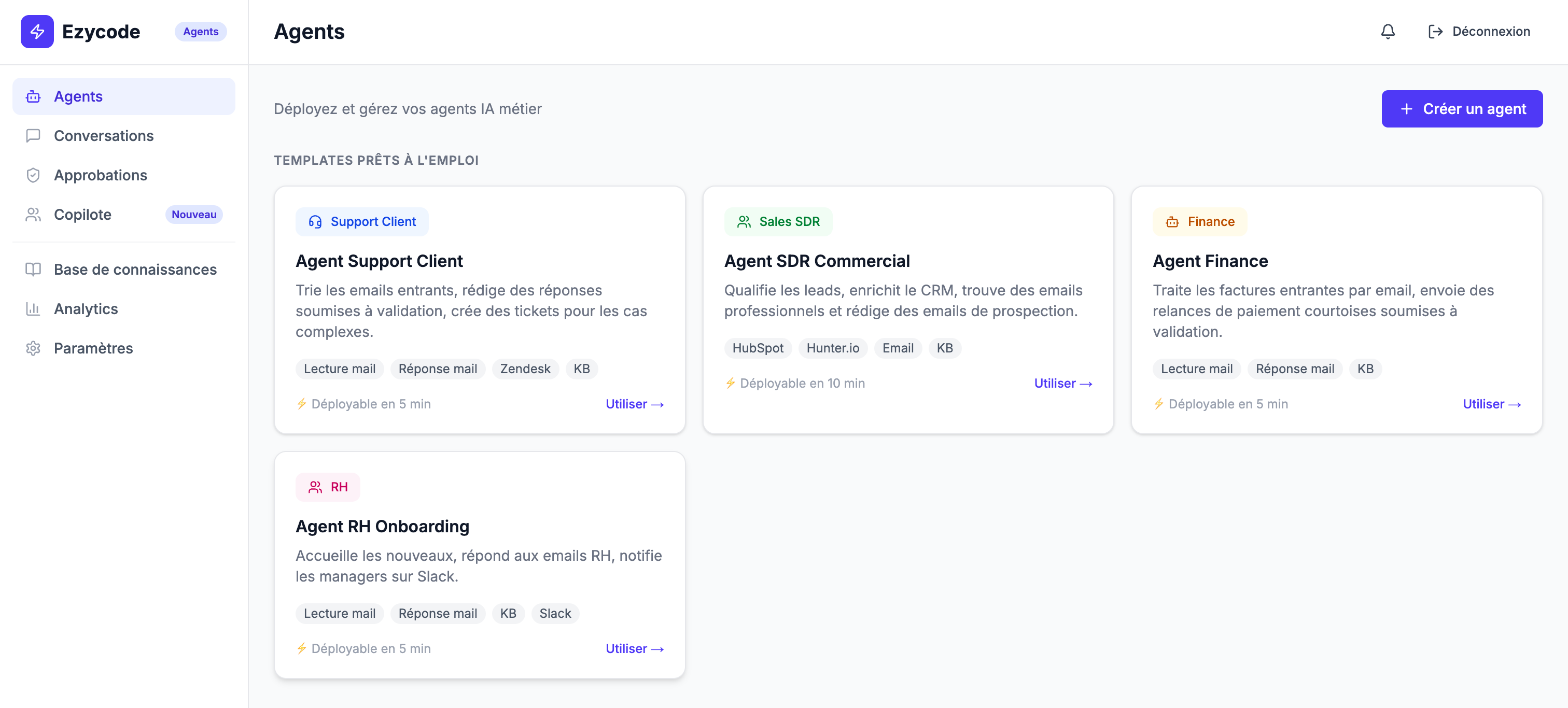 Aperçu du dashboard EzyAgents